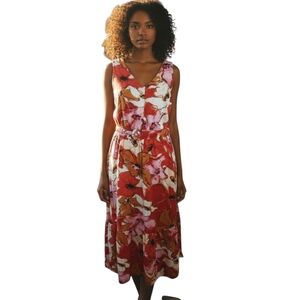 Nine West Floral Belted Midi Dress - Red, Pink, Orange Linen Blend Sz.M EUC.